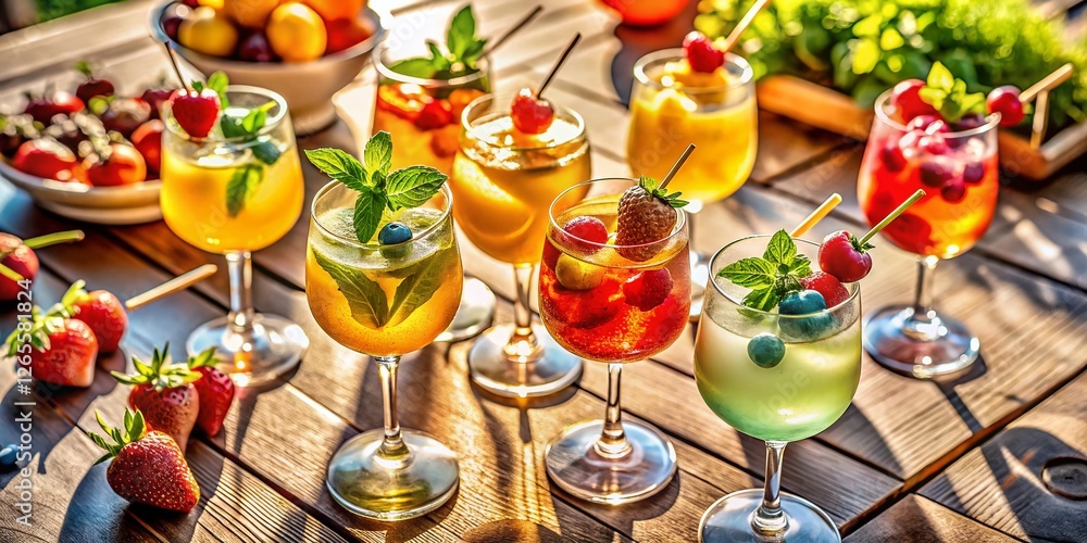 Aerial View Pastel Cocktails Fruit Skewers Summer Drinks Party Aerial View Pastel Cocktails Fruit Skewers Summer Drinks Party