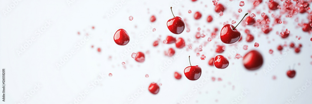 Floating red cherries with water droplets create a refreshing and vibrant display in a minimalist setting Floating red cherries with water droplets create a refreshing and vibrant display in a minimalist setting