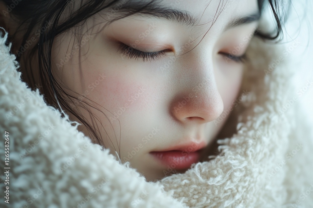 Young asian female with serene expression wrapped in cozy blanket close-up Young asian female with serene expression wrapped in cozy blanket close-up
