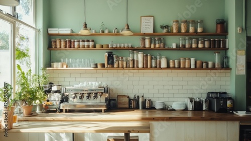 Wallpaper Mural Sunny cafe interior, shelves stocked, plants, counter Torontodigital.ca