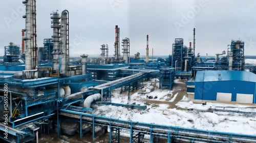 Wallpaper Mural Industrial infrastructure revealing complex network of pipes and tanks at oil refinery plant, standing amid snow covered landscape during cold winter conditions Torontodigital.ca