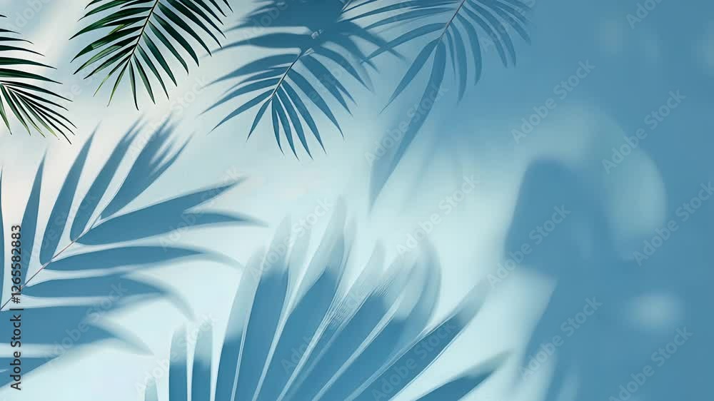 Elegant palm leaf shadows on a soft blue wall with a tropical feel Elegant palm leaf shadows on a soft blue wall with a tropical feel