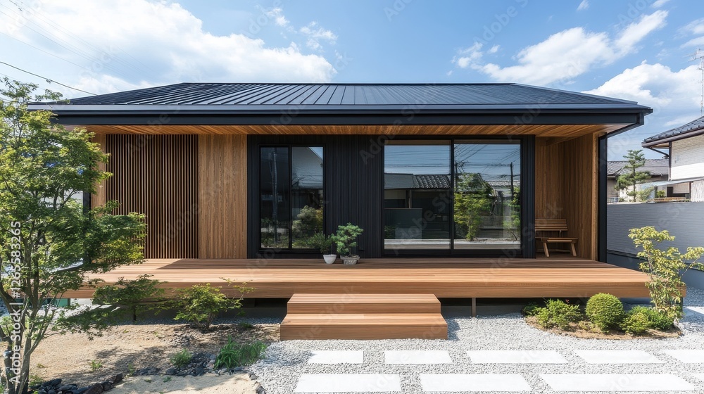 Modern japanese house featuring a wooden deck and garden Modern japanese house featuring a wooden deck and garden