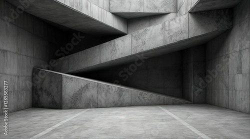 Monolithic concrete structure with dramatic fractured shapes, rough gray textures, deep atmospheric shadows, minimalist brutalist style, industrial empty space, high-definition architectural visualiza
