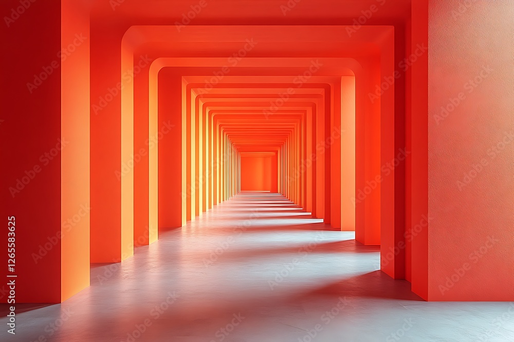 Vibrant red corridor with archways creating a sense of depth and perspective in a modern space Vibrant red corridor with archways creating a sense of depth and perspective in a modern space