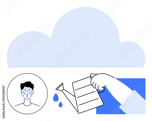 AI face recognition, digital hand watering sheet, raindrops, and cloud symbolize AI-powered growth. Ideal for AI, cloud computing, data nurturing, cybersecurity, privacy digital sustainability