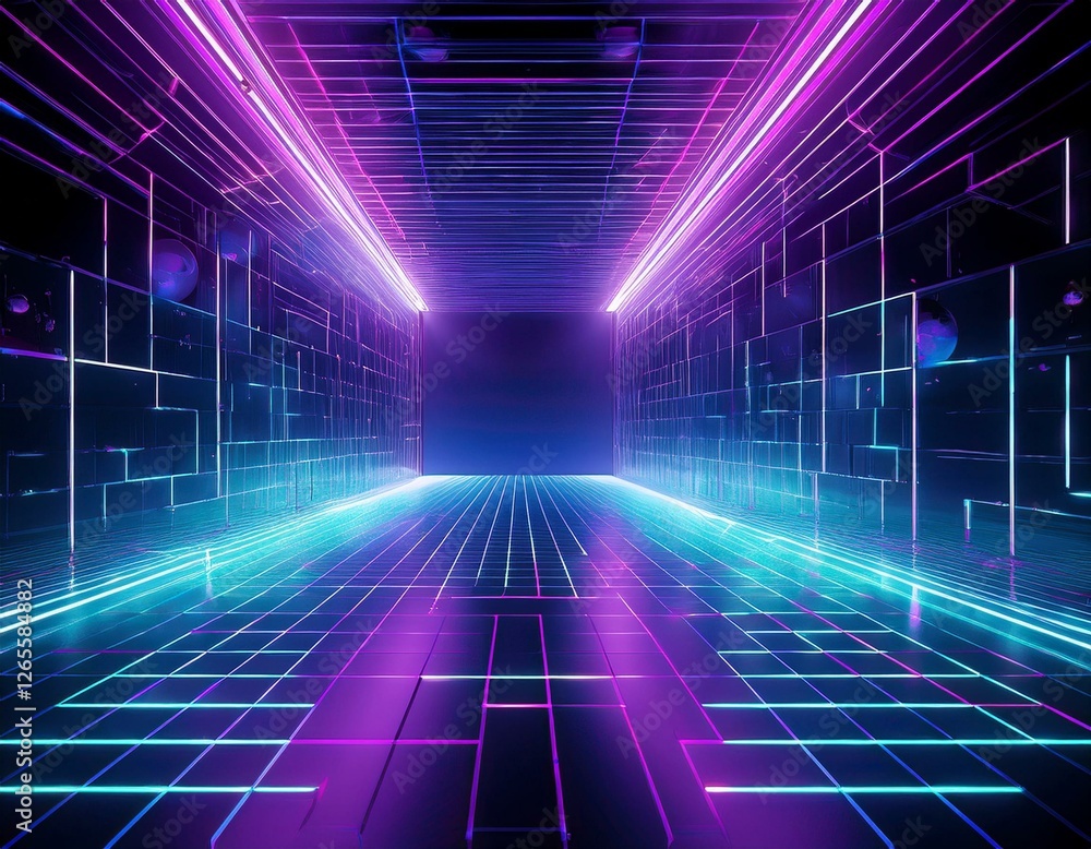 custom made wallpaper toronto digital3d abstract neon background, geometric background with polygonal structure, cyber space virtual reality, Podium show products, place for product, colored neon lights, retro sci-fi style.