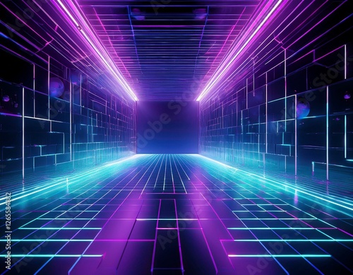 Wallpaper Mural 3d abstract neon background, geometric background with polygonal structure, cyber space virtual reality, Podium show products, place for product, colored neon lights, retro sci-fi style. Torontodigital.ca