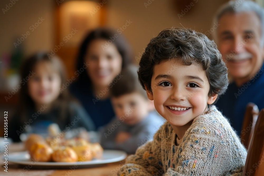 Smiling hispanic male child with family in a cozy dining setting Smiling hispanic male child with family in a cozy dining setting