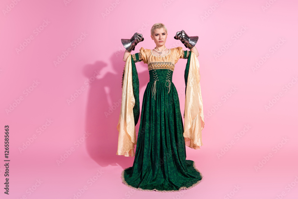 Elegant woman in medieval green gown posing with regal gloves in front of a vibrant pink background Elegant woman in medieval green gown posing with regal gloves in front of a vibrant pink background