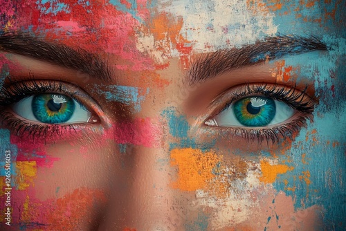 Colorful abstract paint on caucasian female face with vibrant blue eyes