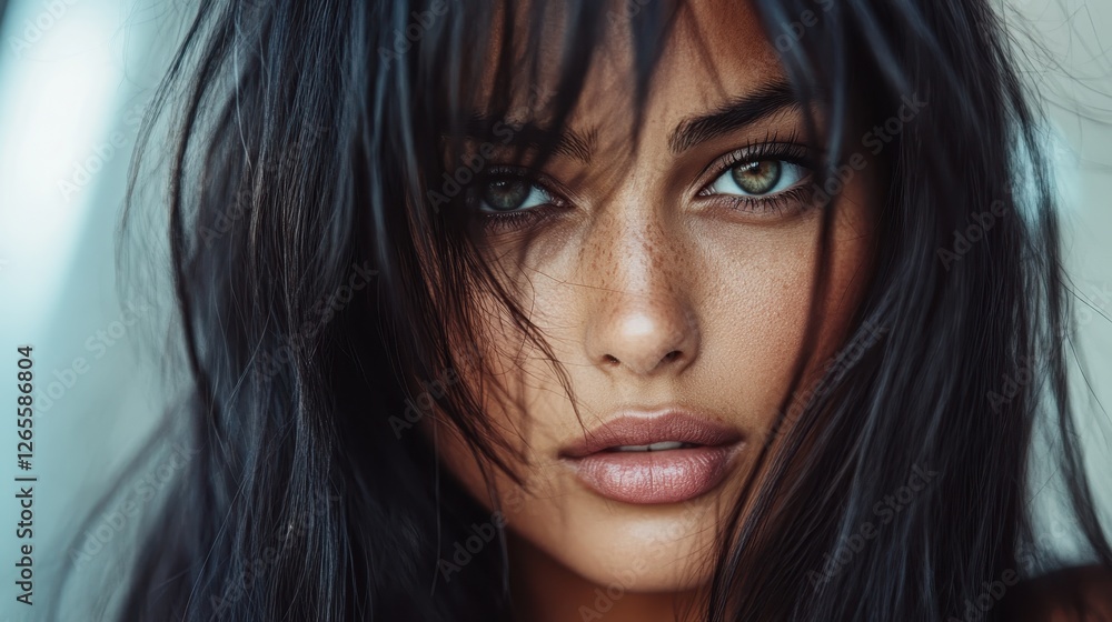 A striking close-up of a young woman with long dark hair and intense green eyes, captured in a moment of deep thought, reflecting emotions and inner strength. A striking close-up of a young woman with long dark hair and intense green eyes, captured in a moment of deep thought, reflecting emotions and inner strength.