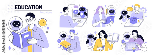 AI technology in education set. Student and teacher characters using artificial intelligence generative tools for learning, teaching, school lesson planning, exam preparation. Vector illustration.