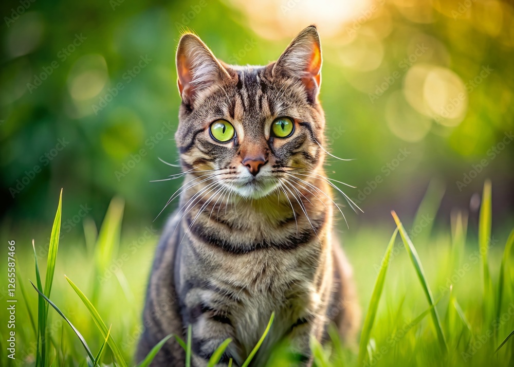 Alert Grey Tabby Cat in Grass - Macro Photography Stock Photo Alert Grey Tabby Cat in Grass - Macro Photography Stock Photo
