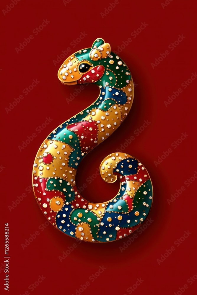 Jeweled serpent brooch, red background, ornate design, festive decoration Jeweled serpent brooch, red background, ornate design, festive decoration