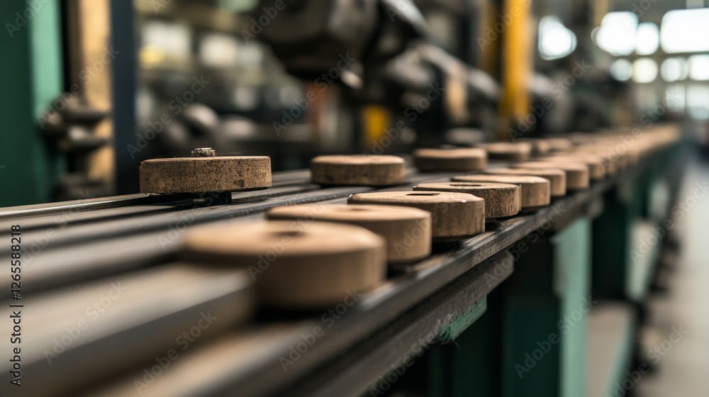 Fototapeta premium Factory conveyor belt with wooden parts, industrial background