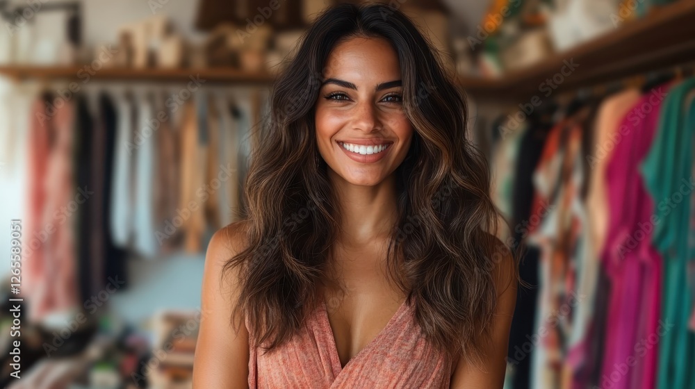 A radiant woman stands confidently in a trendy boutique, smiling brightly. Her wavy hair frames her face, enhancing her warm and inviting expression amid colorful clothing. A radiant woman stands confidently in a trendy boutique, smiling brightly. Her wavy hair frames her face, enhancing her warm and inviting expression amid colorful clothing.