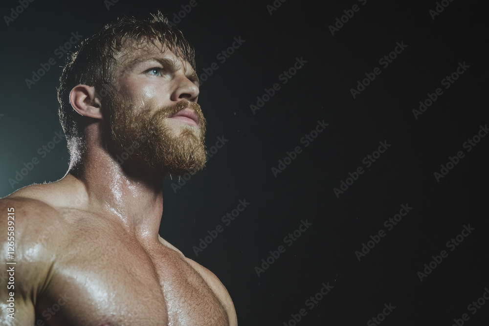 A man with a beard and wet hair is standing in a dark room A man with a beard and wet hair is standing in a dark room