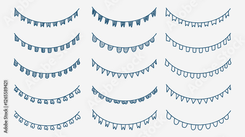 set of birthday, party, carnival banners, flag line doodle. Vector illustration