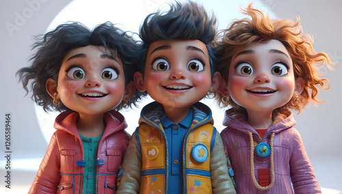 Highly Detailed 3D Render of Cartoon Children with Vibrant Features, Joyful Expressions, and Exaggerated Styles in a Luminous White Background