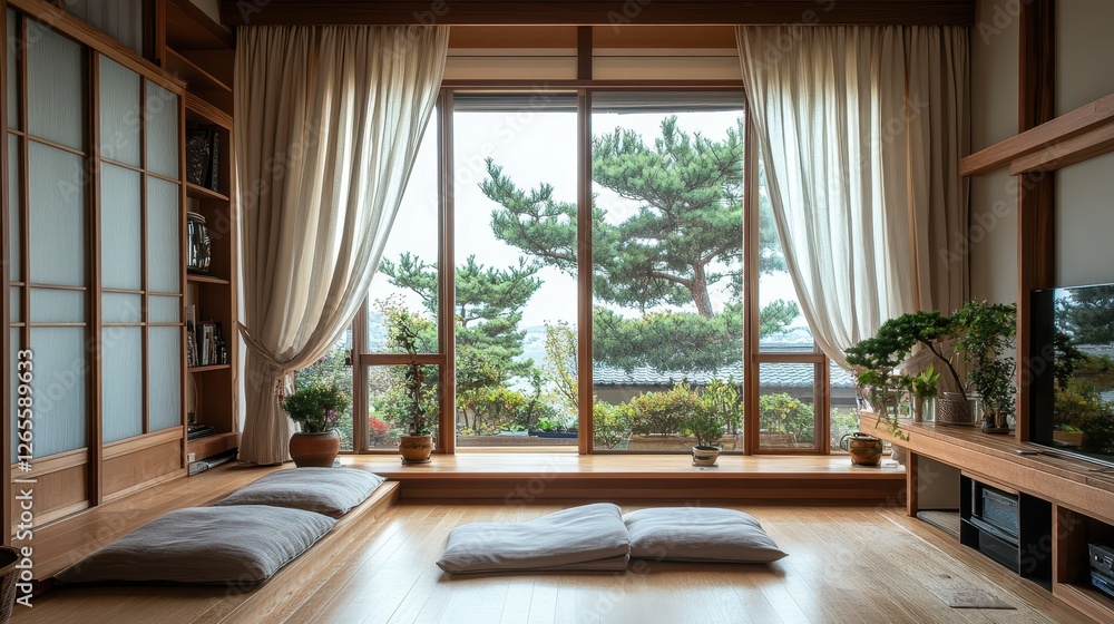 Airy japanese room with large window overlooking a garden Airy japanese room with large window overlooking a garden