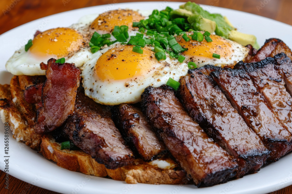 A plate of bacon, eggs, and toast with a side of avocado A plate of bacon, eggs, and toast with a side of avocado