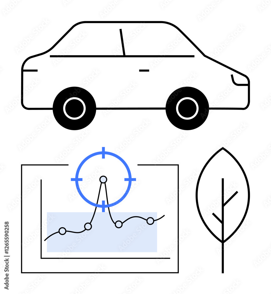 Naklejka premium Outlined car, leaf icon, and data graph with target marker represent eco-friendly travel, analytics, and green trends. Ideal for sustainability, tech, energy, transport climate smart cities