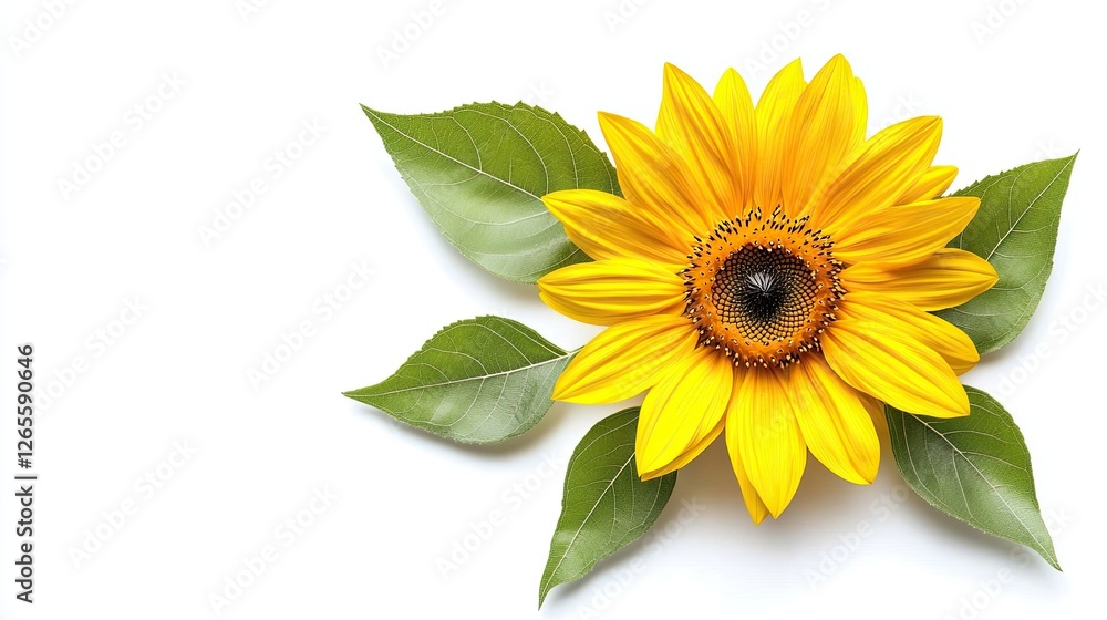 Fototapeta premium Yellow sunflower flower with leaves isolated on white background, flat lay. top view. space for text.