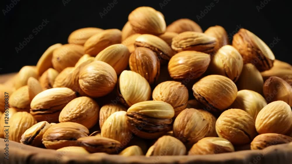 The camera rotates 360-degree around a mound of macadamia nuts in their shells, backlit, displaying their smooth, hard surface and round shape, loosely formed The camera rotates 360-degree around a mound of macadamia nuts in their shells, backlit, displaying their smooth, hard surface and round shape, loosely formed