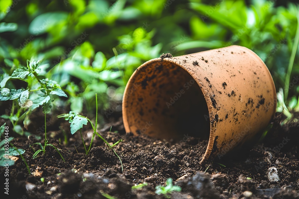Empty Pot in Soil: An empty terracotta pot rests on rich, dark soil, surrounded by vibrant green foliage. A symbol of potential, new beginnings, and the promise of growth. Empty Pot in Soil: An empty terracotta pot rests on rich, dark soil, surrounded by vibrant green foliage. A symbol of potential, new beginnings, and the promise of growth.