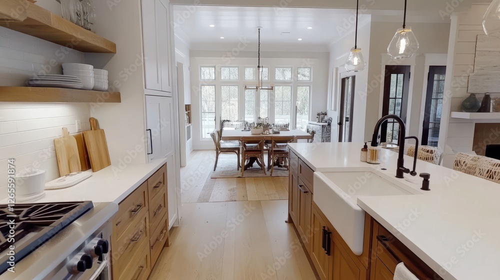 Fototapeta premium Beautifully designed home kitchen features island cabinets and open dining