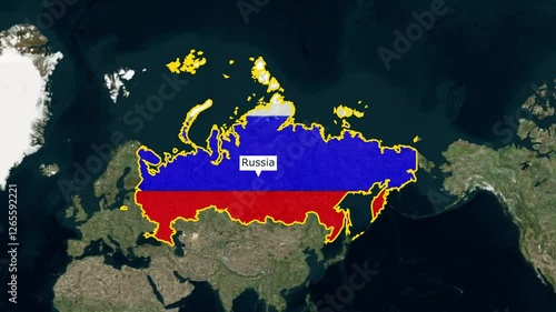 Russia map animation with Russia flag highlighted border color, 3d Animated map of Russia, Russia maps zooming from top Space view, World Map Zoom In To Russia, Detailed map Russia
