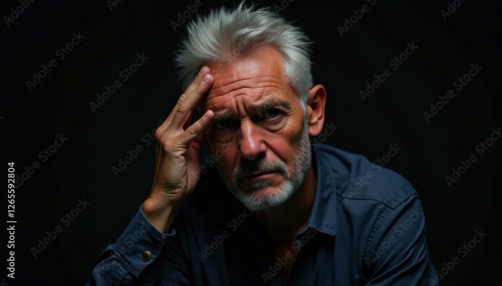 Obraz premium Portrait of a mature man with gray hair and a beard, looking concerned and contemplative against a dark background. Studio lighting.