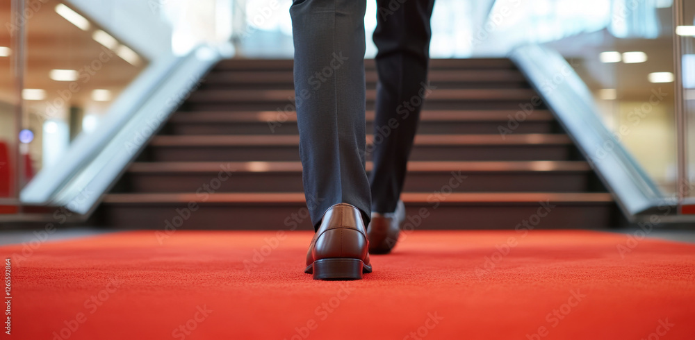 Fototapeta premium A businessman in formal attire strides on a vibrant red carpet leading to a staircase in a contemporary office space