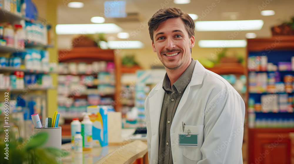 Fototapeta premium Smiling male pharmacist in white coat standing behind counter in modern drugstore against background of shelves filled with medicines and goods