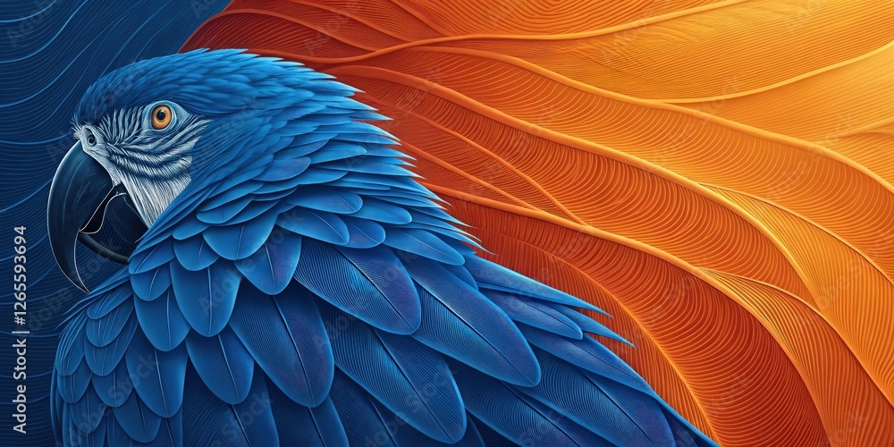 Obraz premium Vibrant Blue Macaw Illustration with Dynamic Orange Background and Textured Feather Details