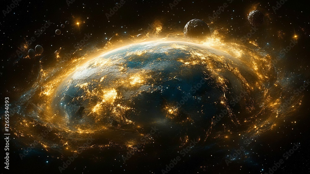 Fototapeta premium Illustration of a bright glowing planet against a dark starry background. 