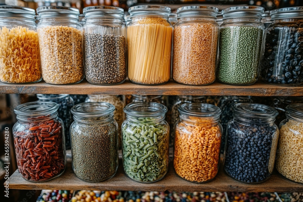 Glass jars filled with grains, pasta, and spices on wooden shelves with soft natural light Glass jars filled with grains, pasta, and spices on wooden shelves with soft natural light