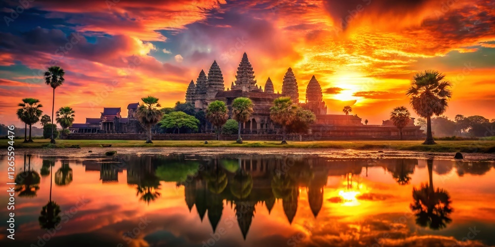 Obraz premium Angkor Wat Sunrise: Double Exposure Masterpiece - Mystical Cambodian Temple