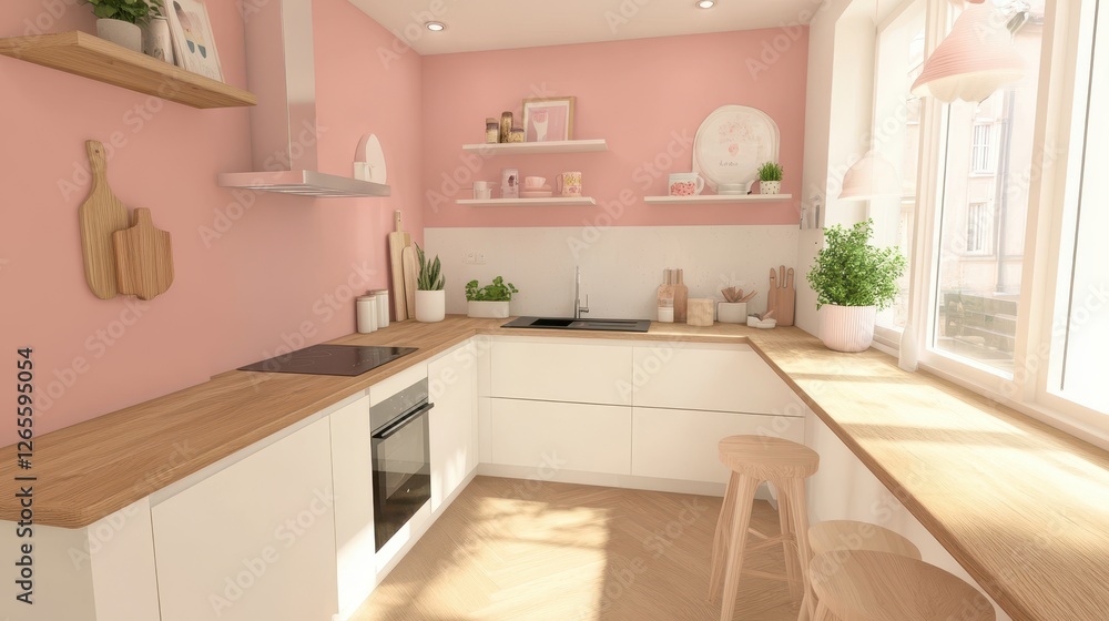 Bright kitchen featuring pastel pink walls and natural wood accents