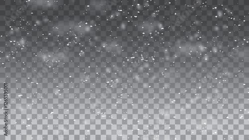 Snow and wind. Vector heavy snowfall, snowflakes in various shapes and forms. Many white cold flakes elements on a transparent background.