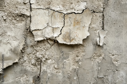 Cracked concrete wall with exposed rebar in urban environment detailed textures and patterns captured from a low angle to highlight structural integrity