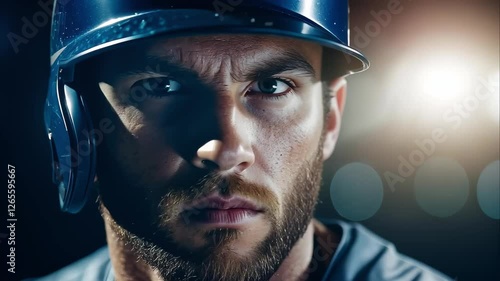 A close-up of a focused baseball player wearing a helmet, highlighting intense facial expressions and dramatic lighting.