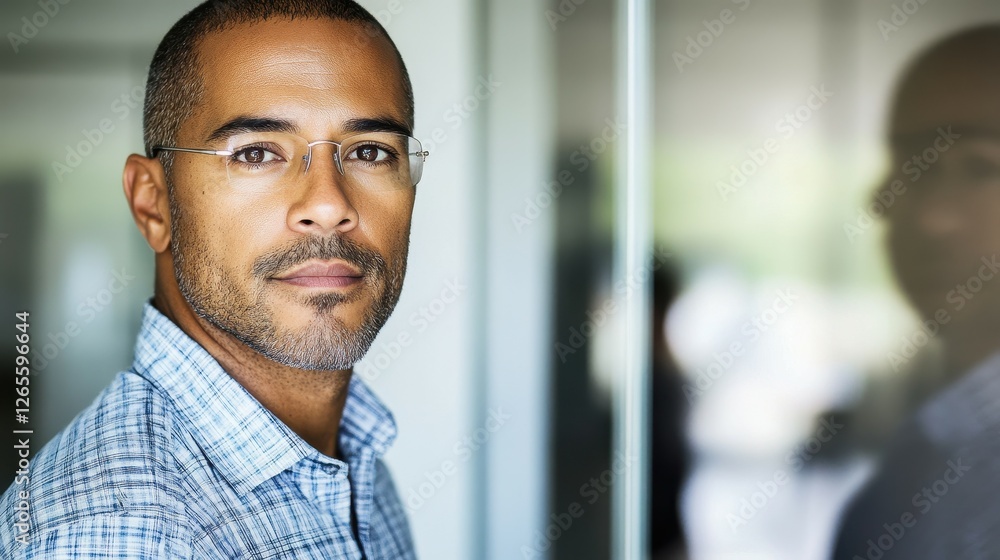 A man with glasses is standing in front of a glass wall. He is wearing a blue shirt and has a beard A man with glasses is standing in front of a glass wall. He is wearing a blue shirt and has a beard