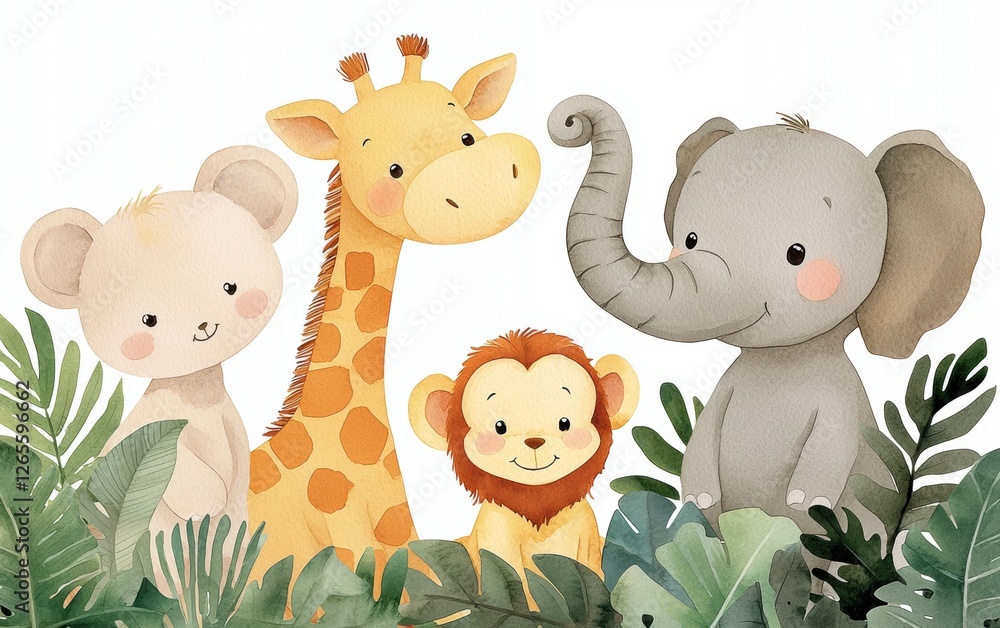 Naklejka premium Playful watercolor jungle animals, baby giraffes, an elephant waving its trunk, a curious monkey, and a small lion cub, surrounded by tropical foliage, warm pastel hues