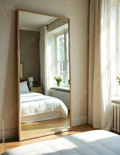 a mirror in a hotel room shows the reflection of the room