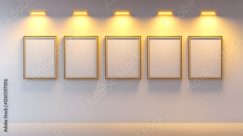 A rectangular white wall illuminated by five golden-yellow spotlights, showcasing five square blank frames aligned in a wave-like formation.