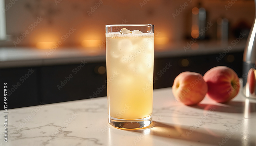 Glass of iced peach drink on kitchen counter with fresh peaches Glass of iced peach drink on kitchen counter with fresh peaches