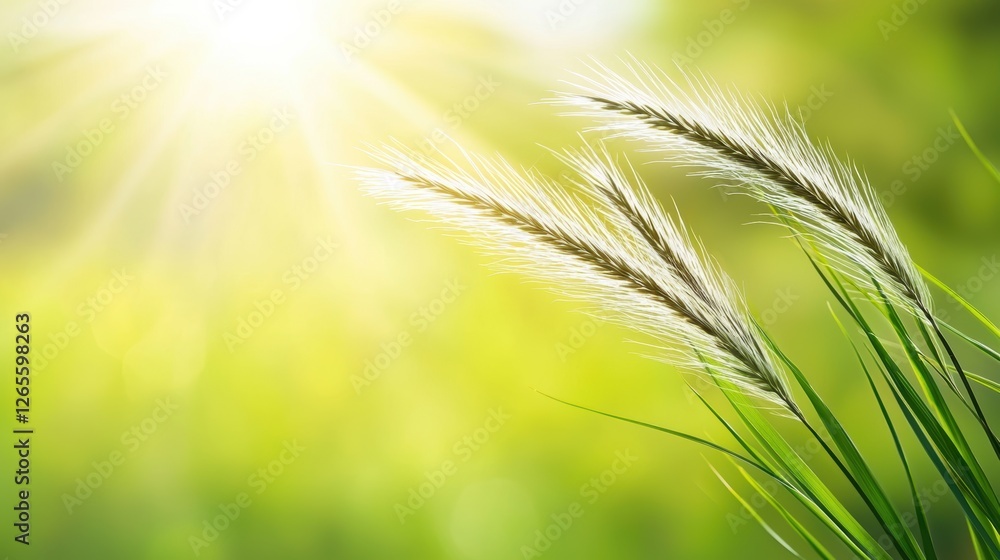 Fototapeta premium Tranquil nature-inspired background with soft-focus grass, golden sunbeams, and dreamy bokeh blur, ideal for environmental awareness and relaxation themes
