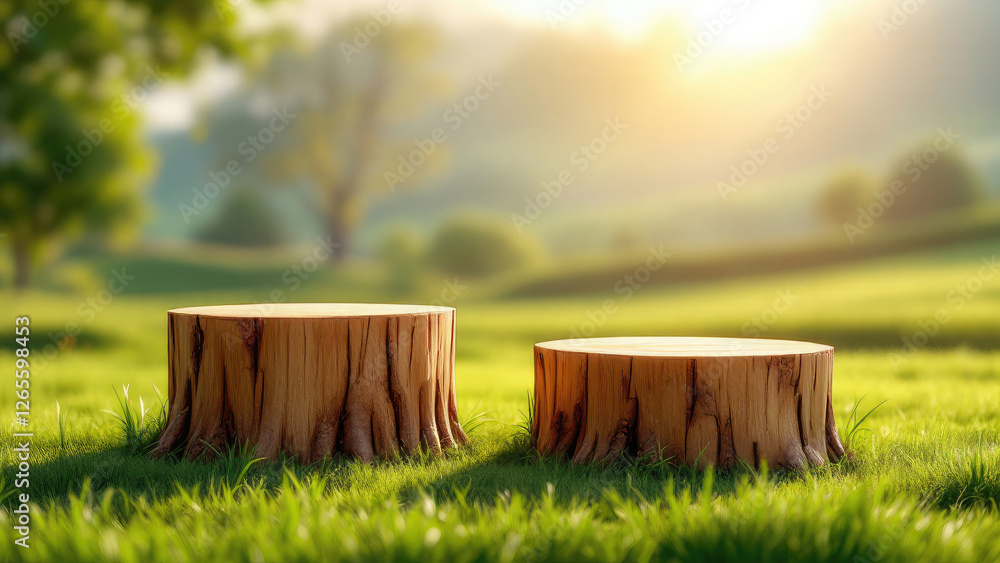 2 Tree Table wood blank Podium in farm display for food, perfume and other products on nature background 2 Tree Table wood blank Podium in farm display for food, perfume and other products on nature background